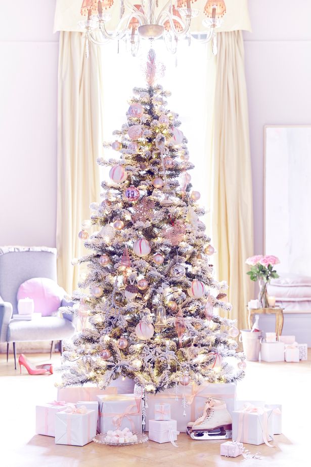 White-Christmas-tree-with-pink-and-purple-and-gold-decoration