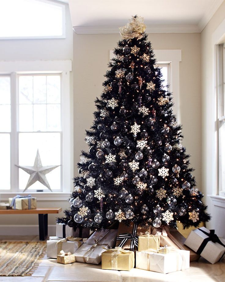 black-christmas-trees-with-white-and-gold-decoration